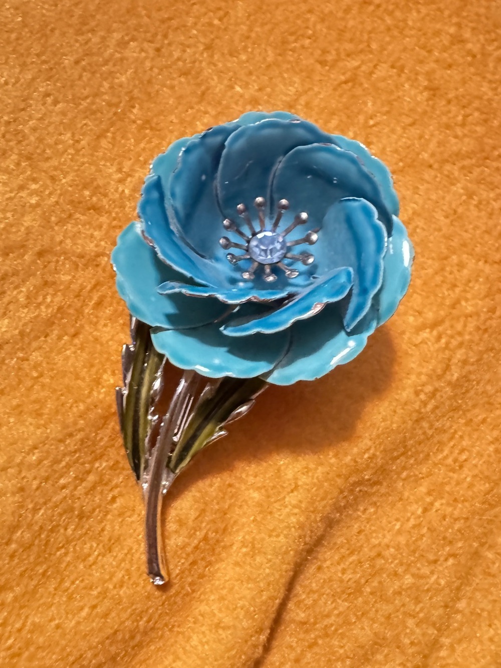 COROBlue Enamel Flower Brooch with Rhinestone Center